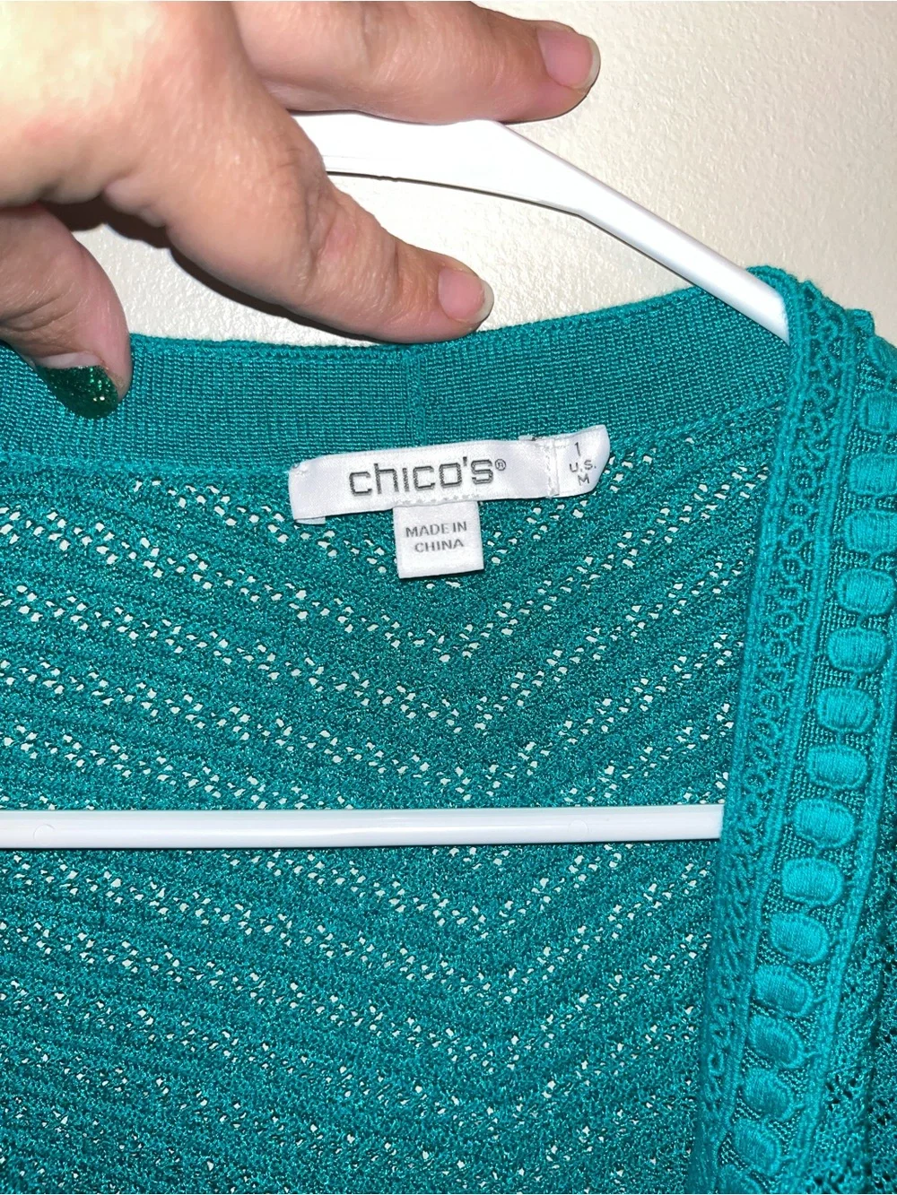 Chicos Womens Teal Long Sleeve Open Front Knit Cardigan Tassel Trim Size 1 M EUC